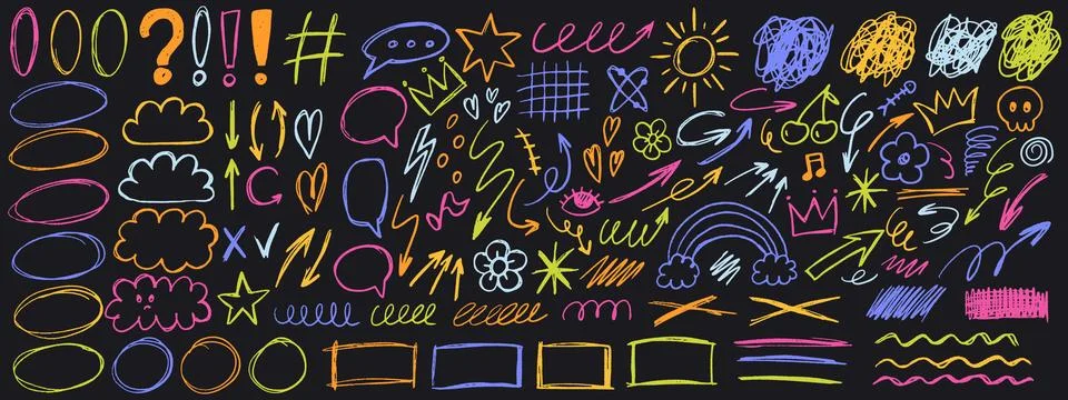 Crayon doodle set with hand drawn scribble arrows, circles and underlines. .. Stock Illustration