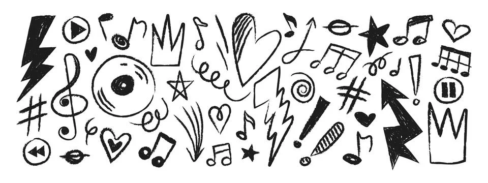 Crayon doodle set with music notes, punk lightnings, hearts, and stars. Han.. Illustrazione stock
