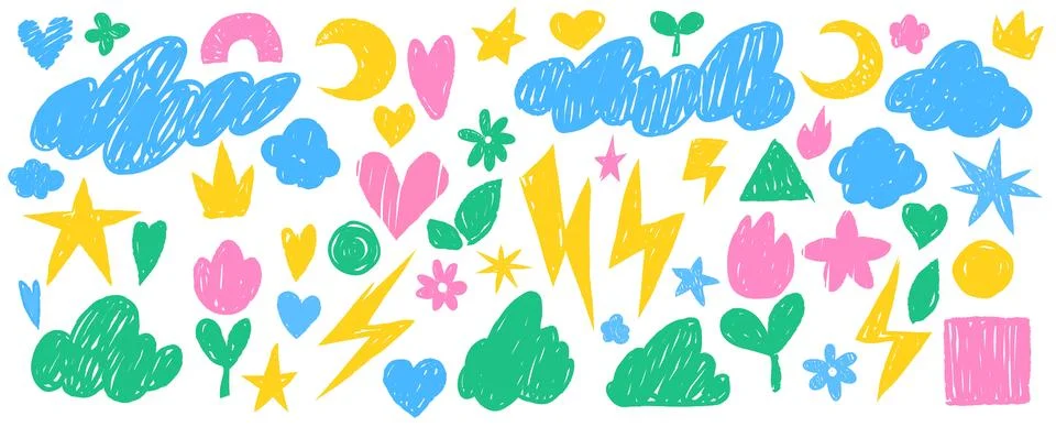 Crayon doodle sticker set Stock Illustration