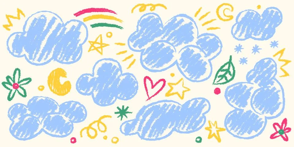 Crayon doodle style clouds with rainbow and stars Stock Illustration