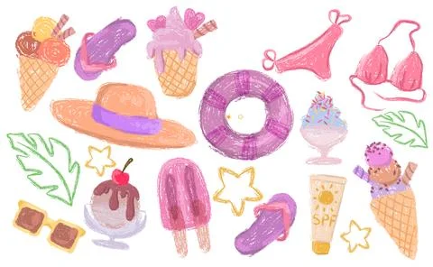 Crayon doodle summer vacation set Stock Illustration