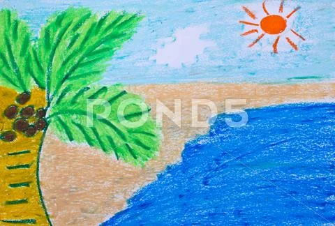 Crayon drawing of a beach Stock Photos