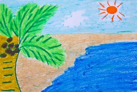 Crayon drawing of a beach Stock Photos