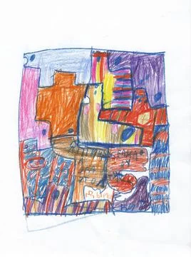 Crayon drawing by six years old child Ludmila Samokhina. Stock Illustration