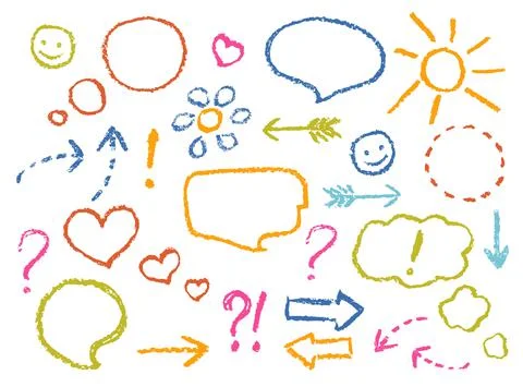 Crayon drawing speech bubbles, arrows, heart shape, smile, sign, symbols set Stock Illustration