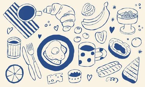 Crayon drawn breakfast set. Cute cafe menu doodle elements. イラスト素材