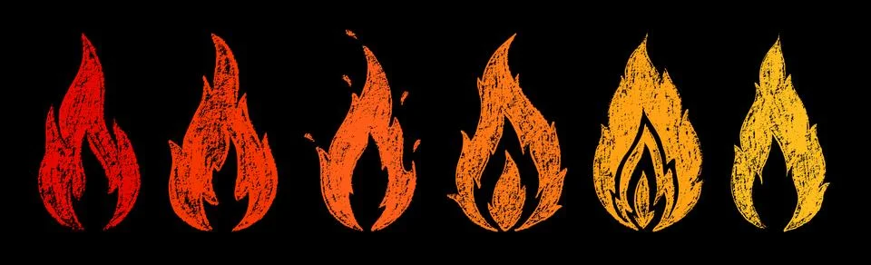 Crayon drawn red fire flames icons collection. Hand drawn doodle flames sti.. Stock Illustration