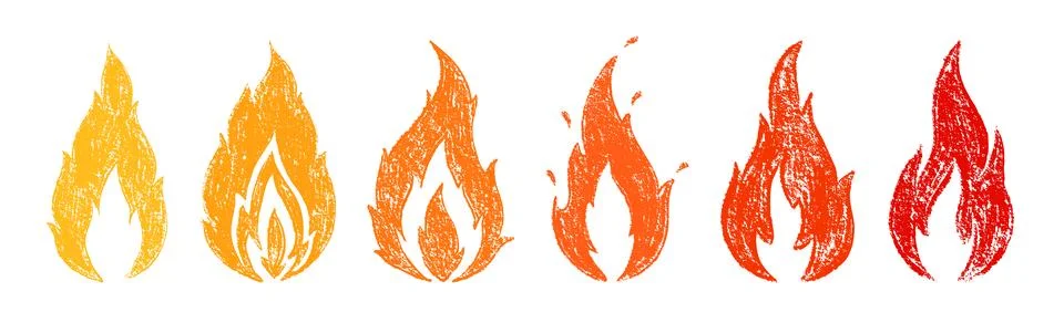 Crayon drawn red fire flames icons collection. Hand drawn doodle flames stick Stock Illustration