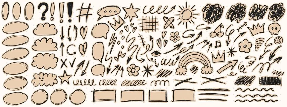 Crayon drawn scribble arrows, circles, underlines, crown in playful scrapbo.. Stock-Illustration