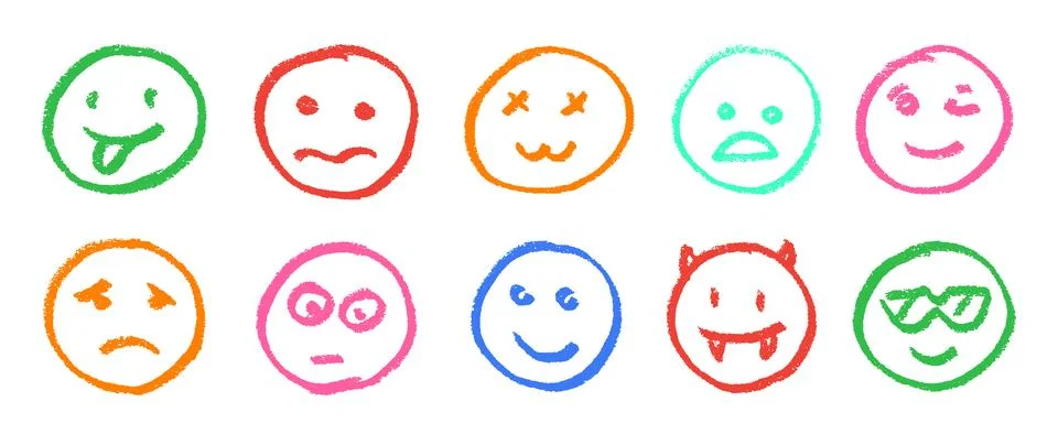 Crayon Emoji Vector Set. Chalk Scribble Funny Face Expressions Shapes Collection Ilustración de archivo