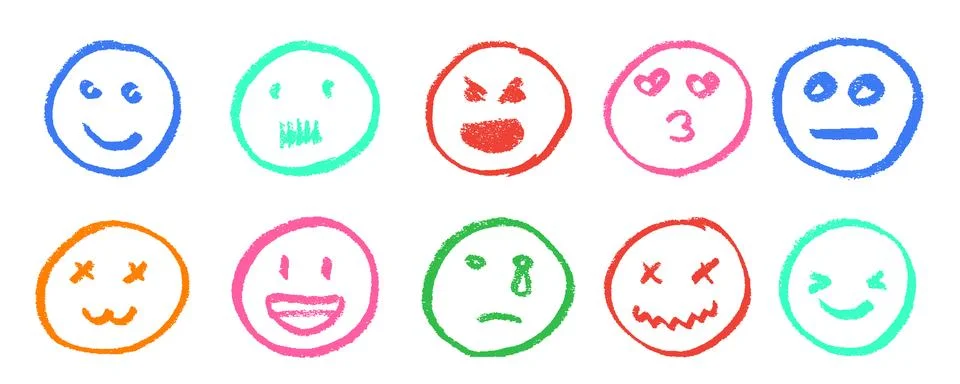 Crayon Emoji Vector Set. Chalk Scribble Funny Face Expressions Shapes Collection Stockillustratie