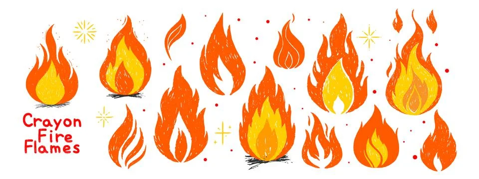 Crayon fire flames collection. Hand drawn doodle flame set with grunge text.. Stock Illustration