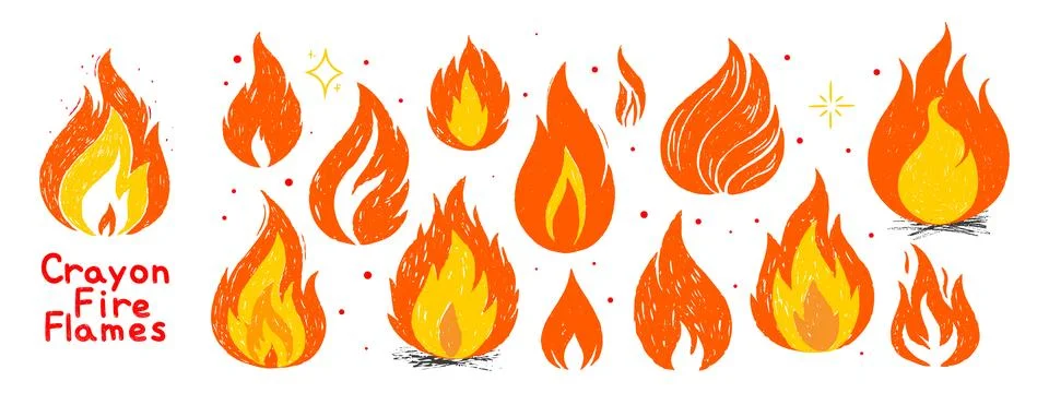 Crayon fire flames set. Hand drawn doodle flame collection with chalk textu.. Stock Illustration