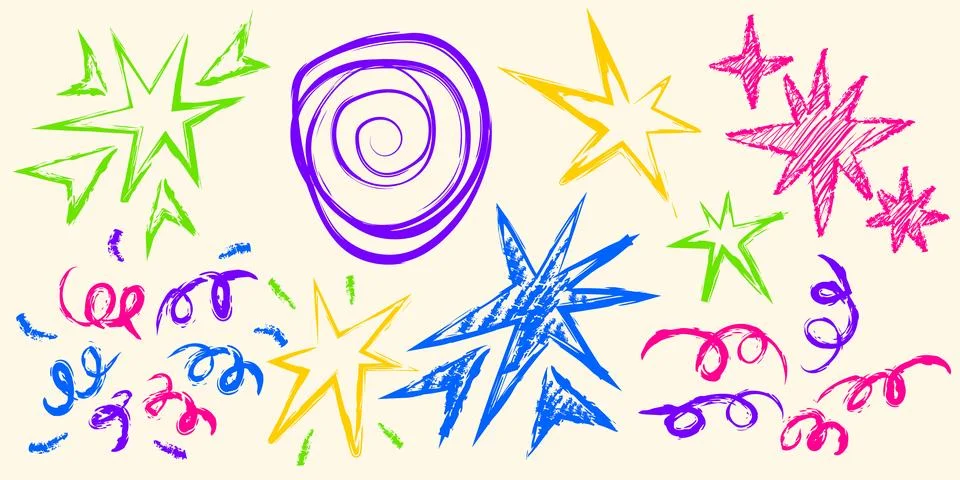 Crayon firework doodles set isolated on background Stock Illustration