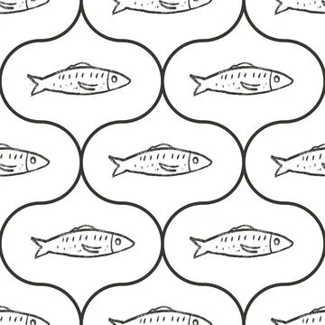 Crayon fish ogee seamless pattern. Sardines hand drawn endless background. Stock Illustration