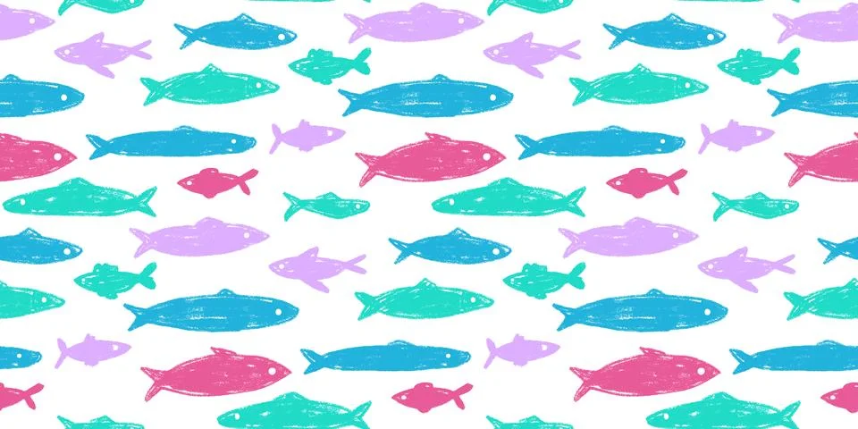 Crayon fish school seamless pattern. Sardines hand drawn endless background. Illustrazione stock