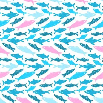 Crayon fish school seamless pattern. Sardines hand drawn endless background. Stock Illustration