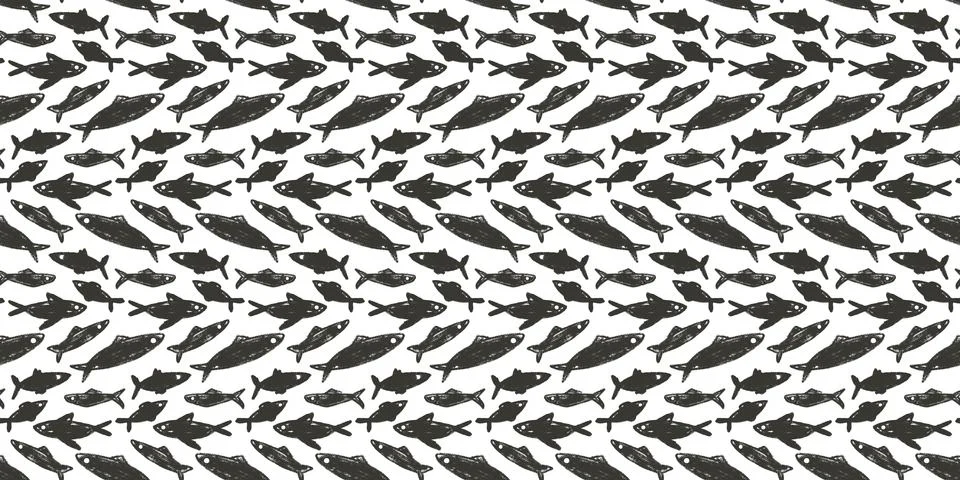 Crayon fish school seamless pattern. Sardines hand drawn endless background. Illustrazione stock