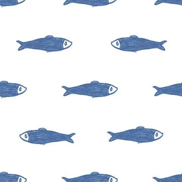 Crayon fish seamless pattern. Sardines hand drawn endless background. Nautical 스톡 일러스트