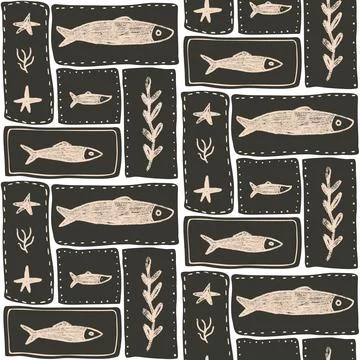 Crayon fish seamless pattern. Sardines hand drawn bento grid endless background. 스톡 일러스트