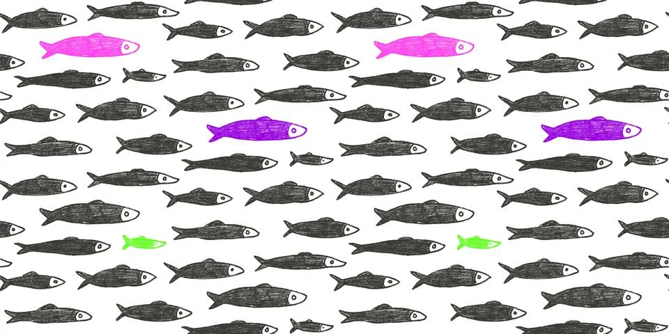 Crayon fish seamless pattern. Sardines hand drawn endless background. Nautical Illustrazione stock