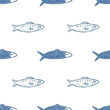Crayon fish seamless pattern. Sardines hand drawn endless background. Nautical 스톡 일러스트