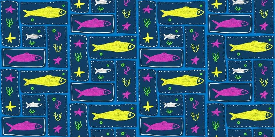 Crayon fish seamless pattern. Sardines hand drawn bento grid endless background. Stock Illustration