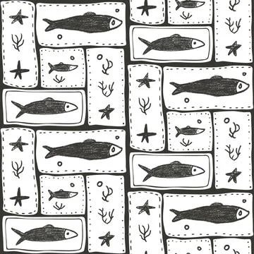 Crayon fish seamless pattern. Sardines hand drawn bento grid endless background. Illustrazione stock