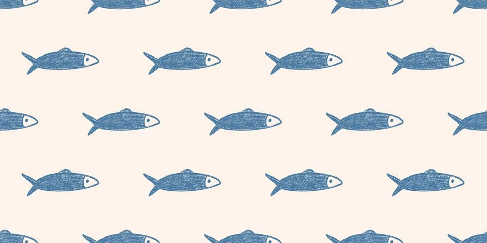 Crayon fish seamless pattern. Sardines hand drawn endless background. Nautical 스톡 일러스트