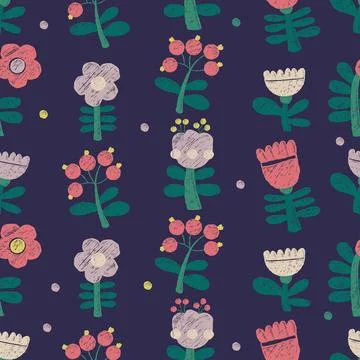 Crayon Floral Seamless Pattern. Hand-Drawn Ornament with Flowers and Berrie.. Illustrazione stock