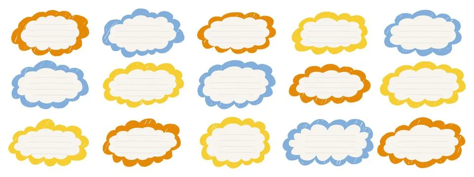 Crayon fluffy cloud frames. Rough wavy scribbles for promo badges. Childish.. Stock Illustration