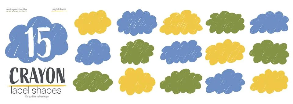 Crayon fluffy cloud frames set. Rough textured scribbles with edges. Stock Illustration