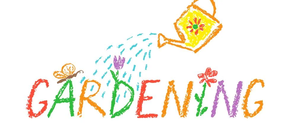 Crayon gardening header border background. Like child hand drawing Stock Illustration