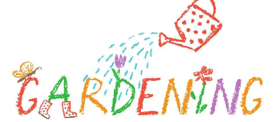 Crayon gardening header border background. Like child hand drawing Stock Illustration