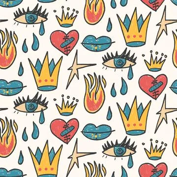 Crayon girly seamless pattern. Graffiti doodle marker endless background. Naive 스톡 일러스트