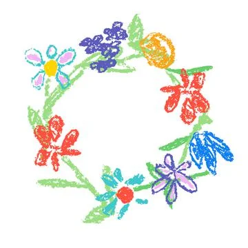 Crayon hand drawing round frame with colorful flowers Stock Illustration