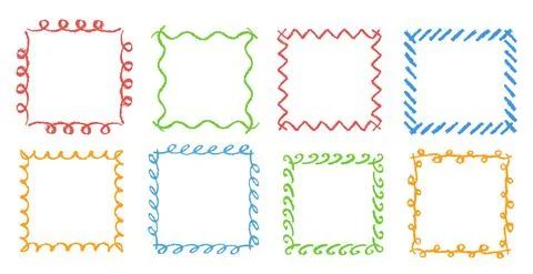 Crayon hand drawing square frames. Set of colorful rectangular design element Stock Illustration