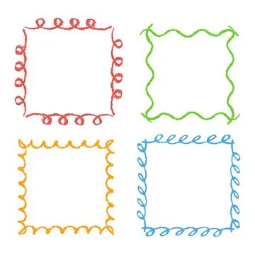 Crayon hand drawing square frames. Set of colorful rectangular design element Stock Illustration