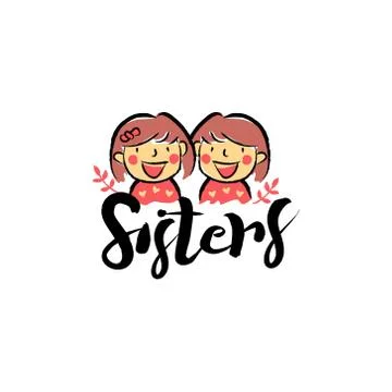Crayon Hand Drawing Two Sisters Logo Symbol Stock Illustration