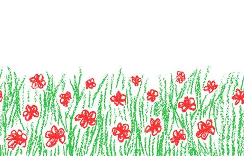 Crayon hand drawn green grass with red flower isolated on white. Stock Illustration