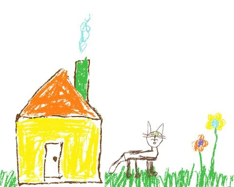 Crayon hand drawn house, grass, colorful flowers and funny smiling cat Stock Illustration