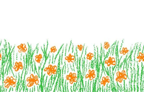 Crayon hand drawn pattern with green grass orange flower. Stock Illustration