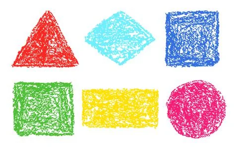 Crayon hand drawn round, square, triangular design element set. Stock Illustration