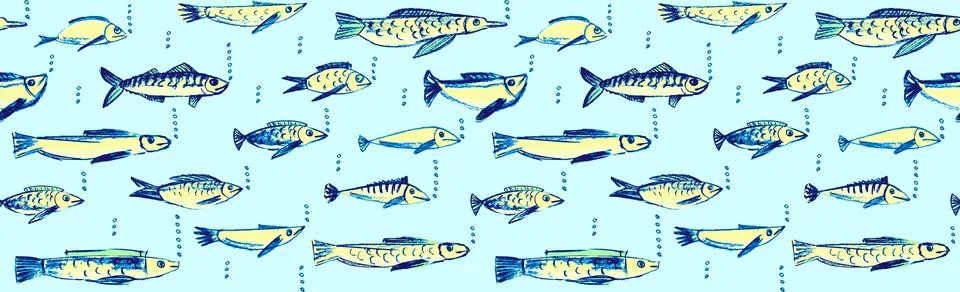 Crayon hand drawn seamless pattern with various fishes Stock Illustration