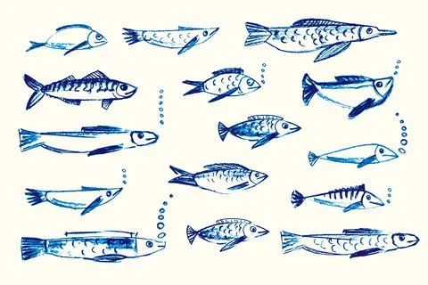 Crayon hand drawn set of various fishes. Doodle shapes. Cute Stock-Illustration