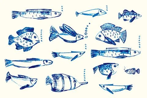 Crayon hand drawn set of various fishes. Doodle shapes. Cute Stock-Illustration