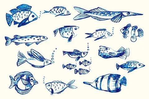 Crayon hand drawn set of various fishes. Doodle shapes. Cute Illustrazione stock