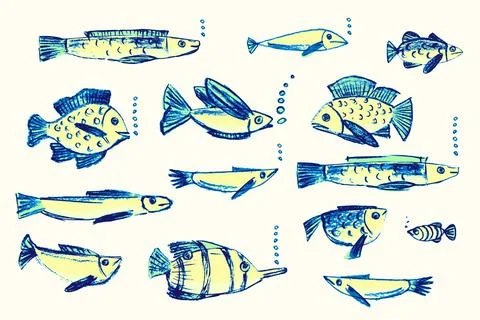 Crayon hand drawn set of various fishes. Doodle shapes in Illustrazione stock