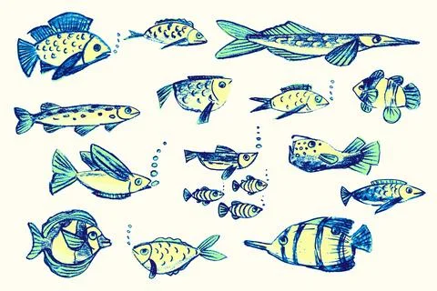 Crayon hand drawn set of various fishes. Doodle shapes in Illustrazione stock