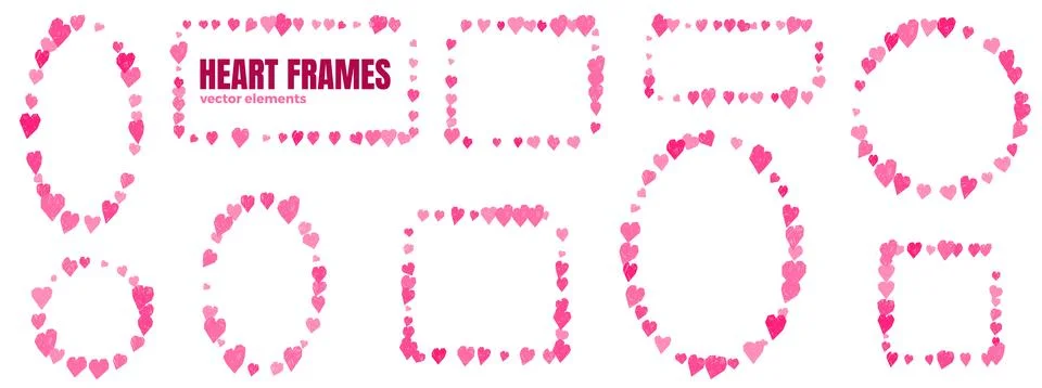 Crayon heart frame set with pink doodle borders. Handdrawn hearts shape circle Stock Illustration